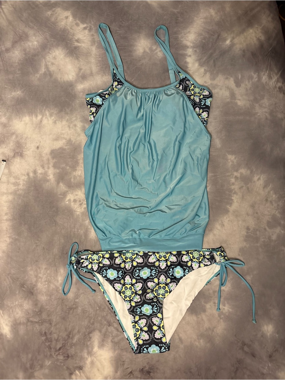 Light Blue Tankini Set with Floral Print Bottoms
